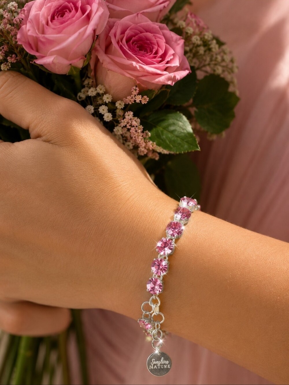 Sunshine Native Silver Tone Pink Large Glass Faceted Tennis Bracelet Prong Set